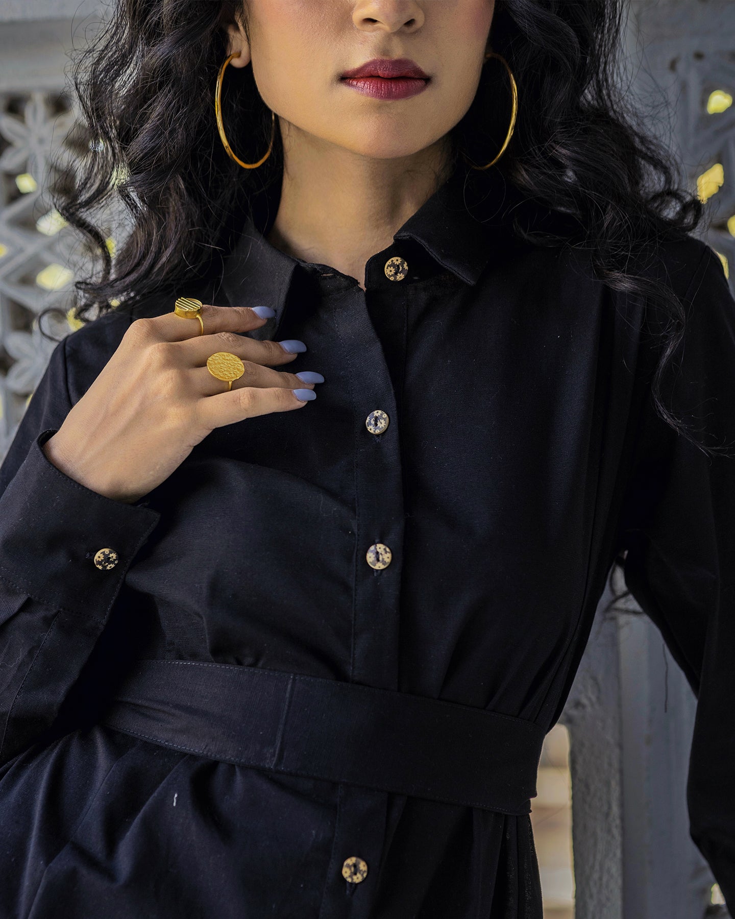 BOHEMIAN SOLID BLACK BUTTONED DRESS WITH BELT