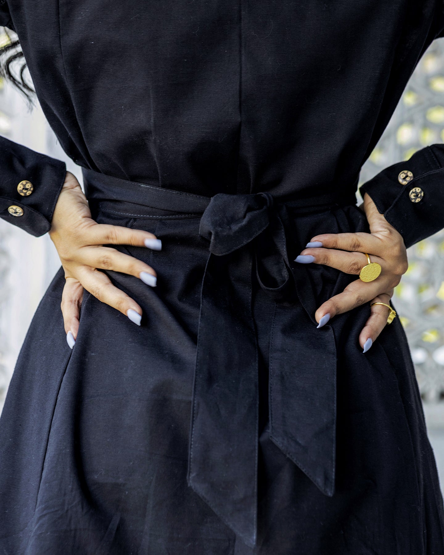 BOHEMIAN SOLID BLACK BUTTONED DRESS WITH BELT