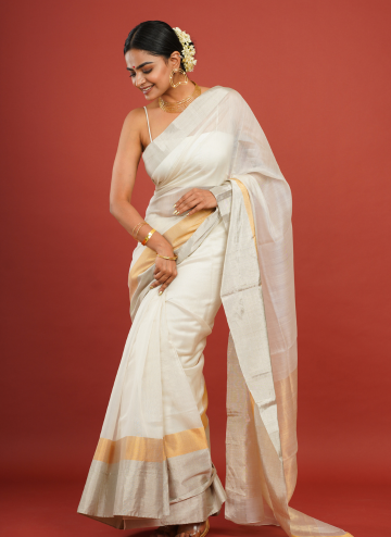 Cotton Silk White Chanderi Saree with Golden Border