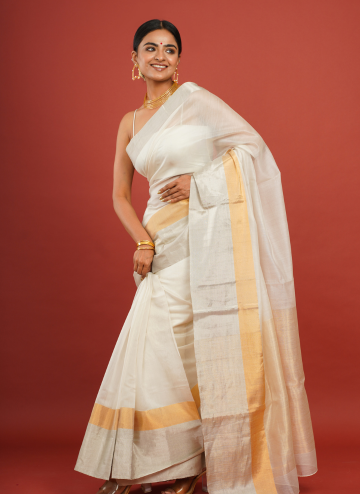 Cotton Silk White Chanderi Saree with Golden Border