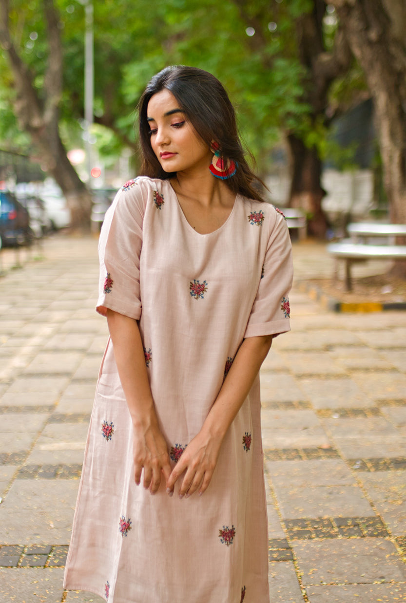 Blossoming Elegance Beige Floral Embroidered Dress