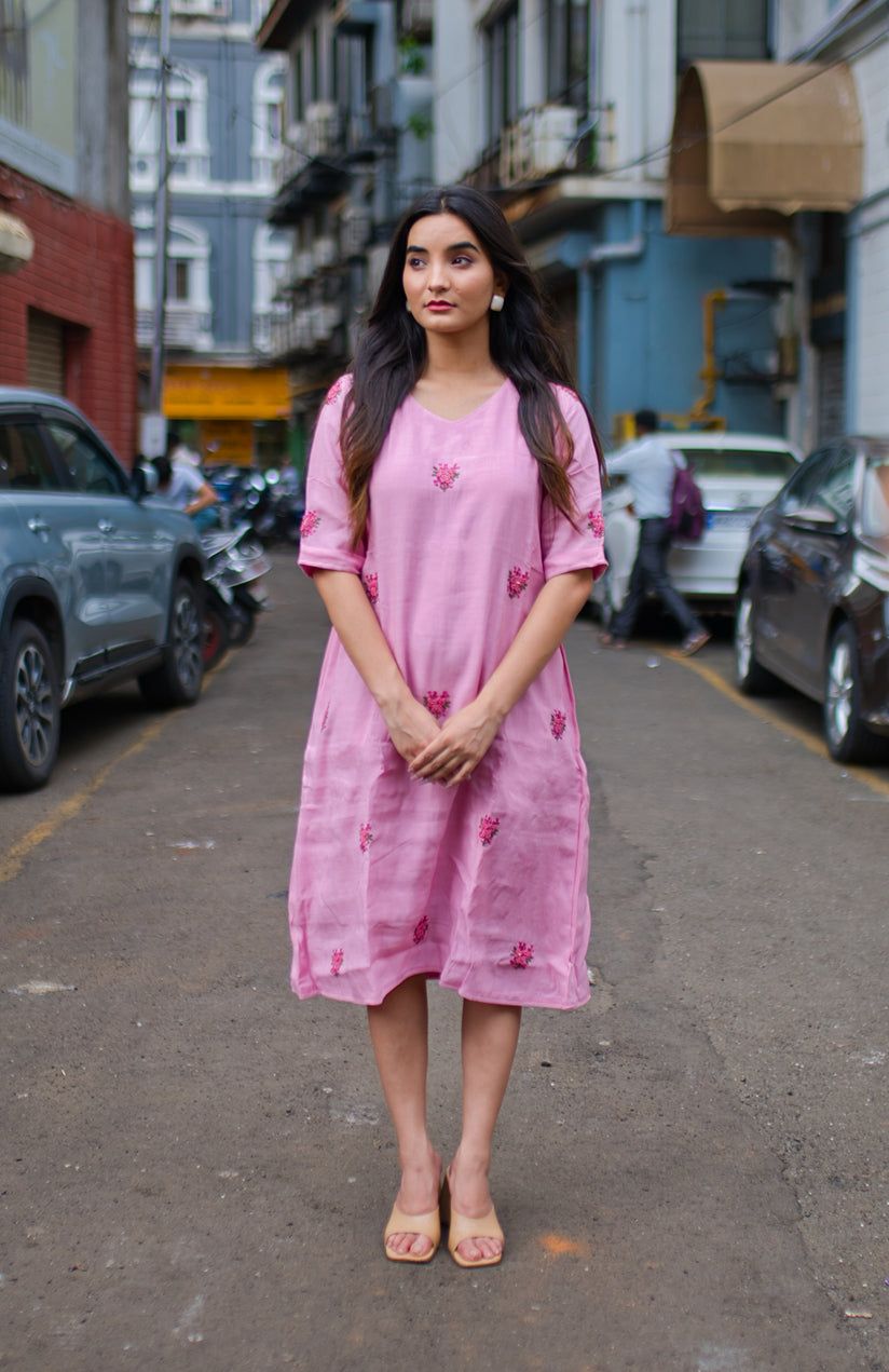 Blossoming Elegance Pink Embroidered Dress