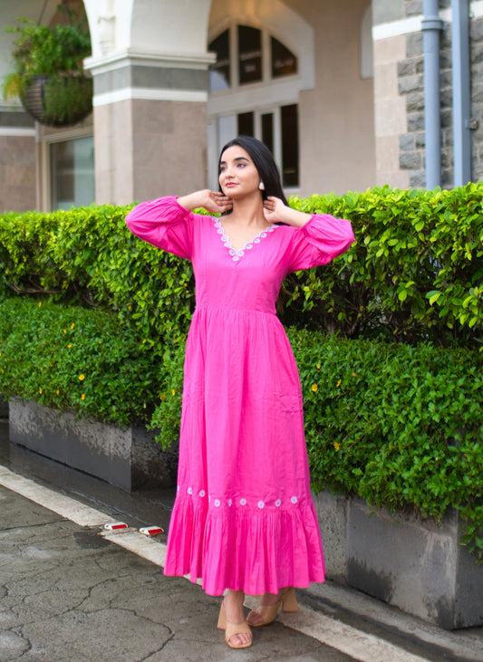 Blossoming Pink Floral Embroidered Maxi Dress