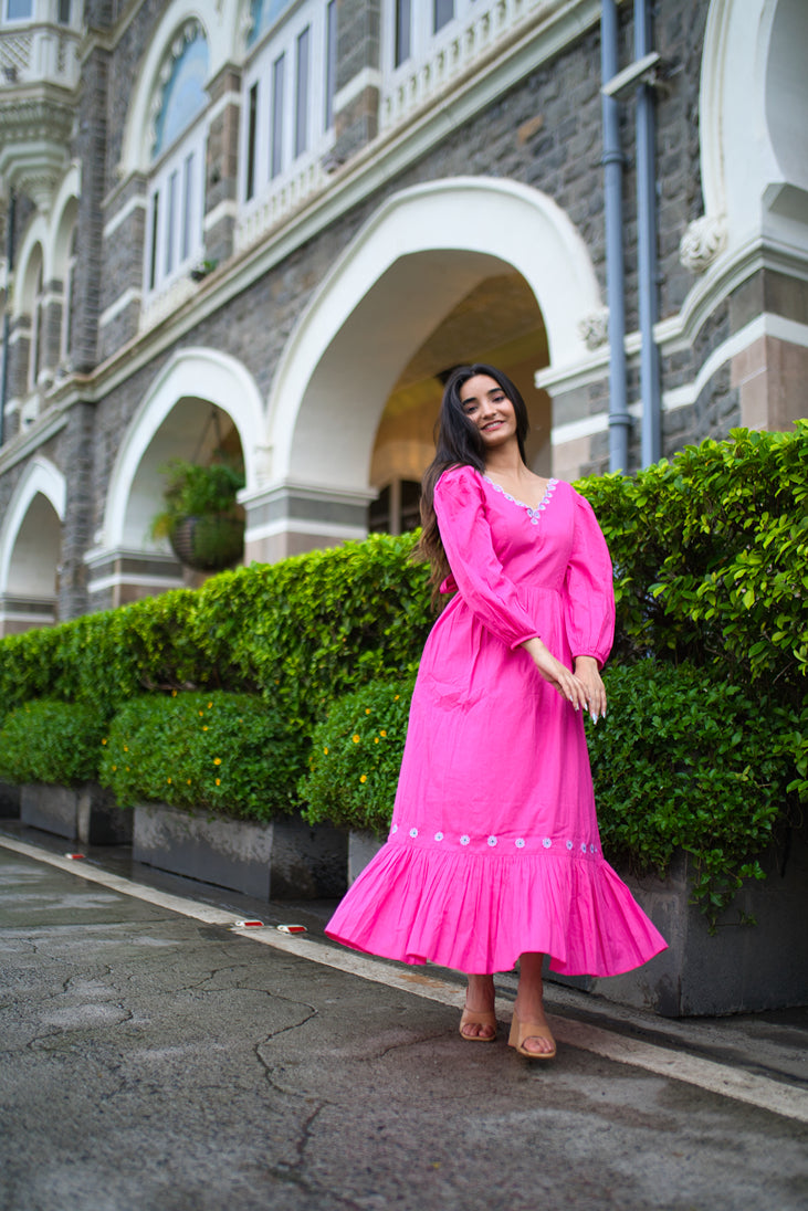 Blossoming Pink Floral Embroidered Maxi Dress