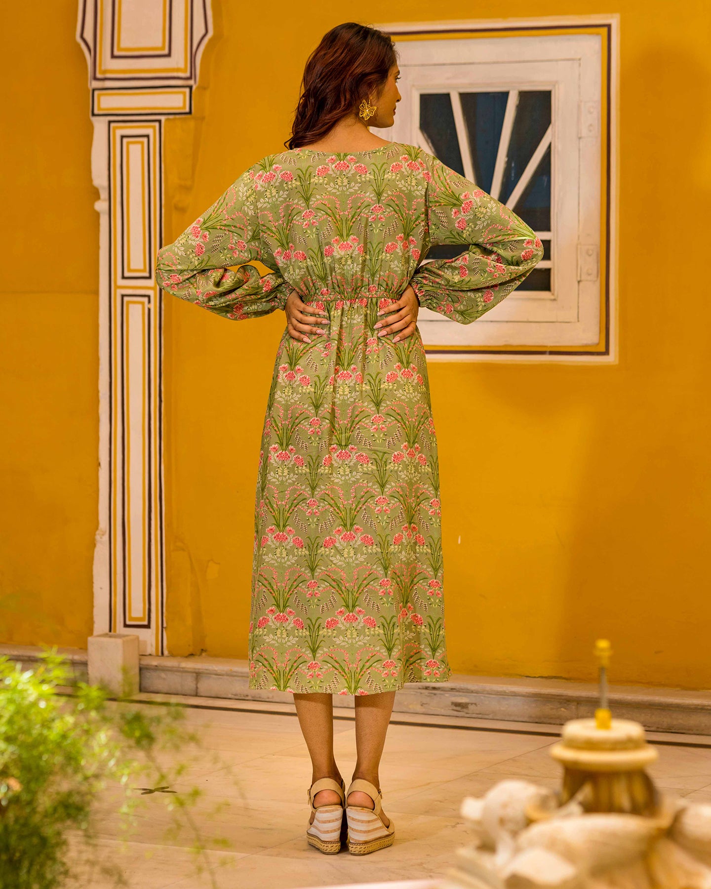 GREEN CUTOUT MUSLIN DRESS