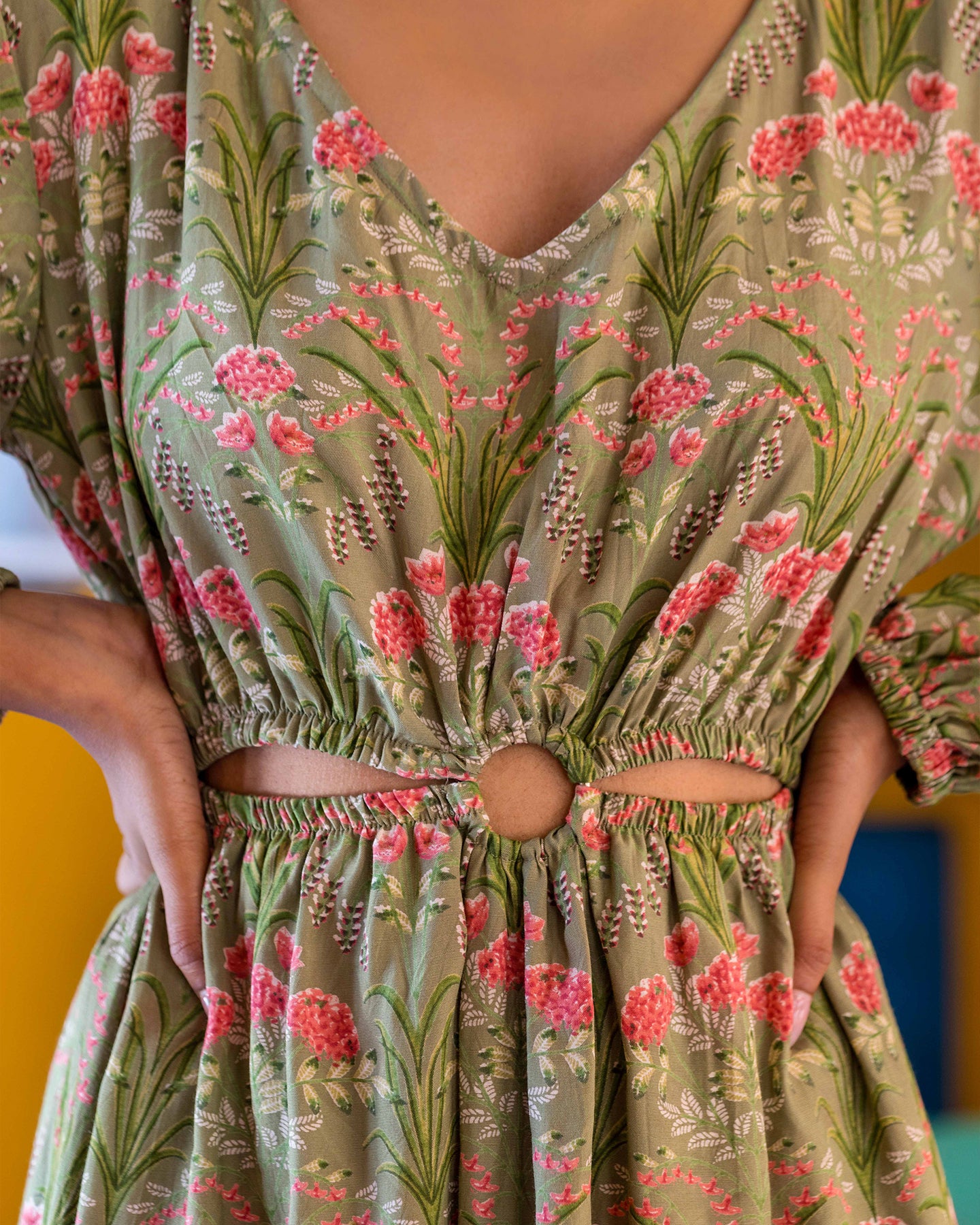 GREEN CUTOUT MUSLIN DRESS