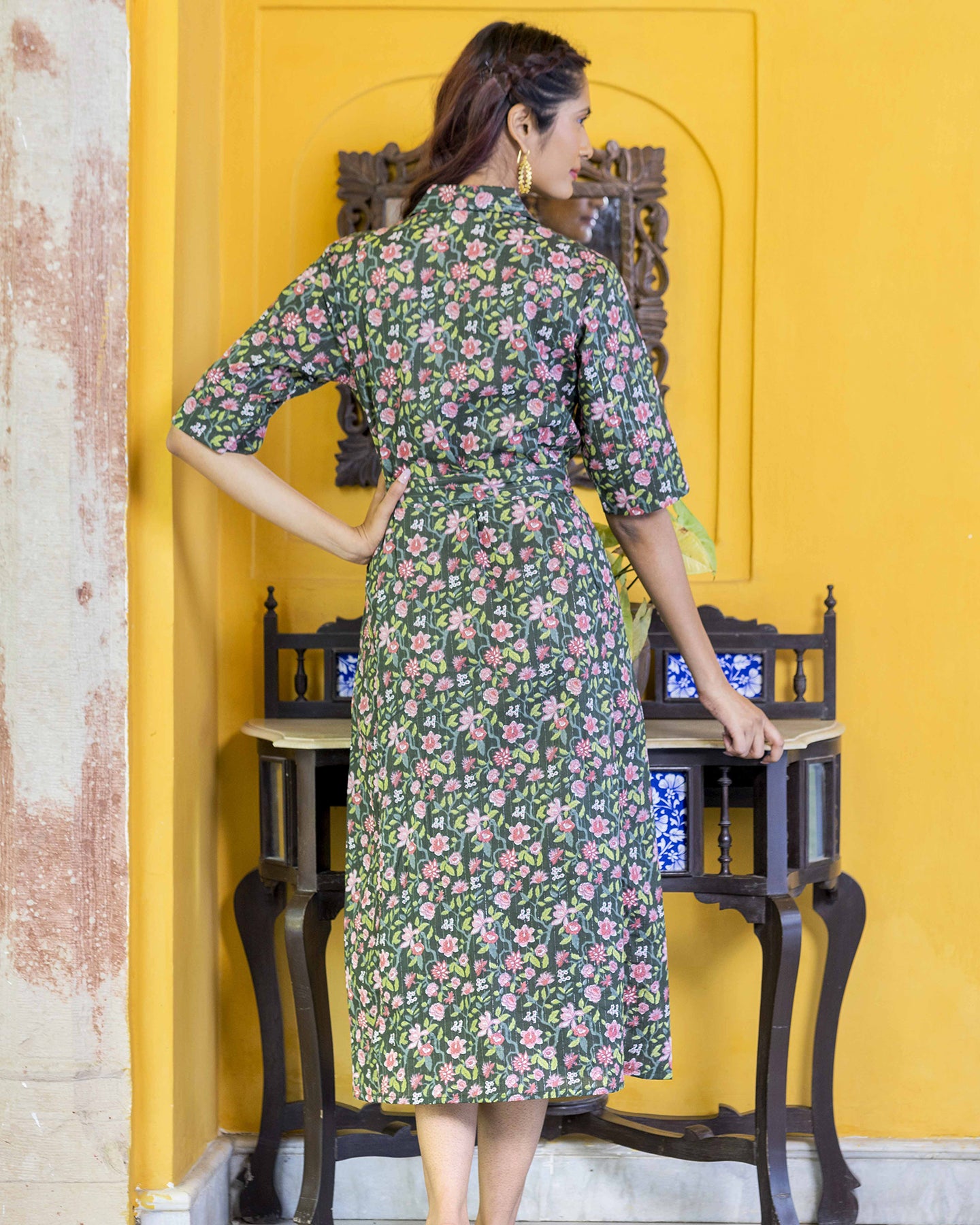 FLORAL GREEN BOHEMIAN DRESS WITH BELT
