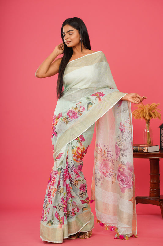 BLUE WATERS FLORAL LINEN SAREE