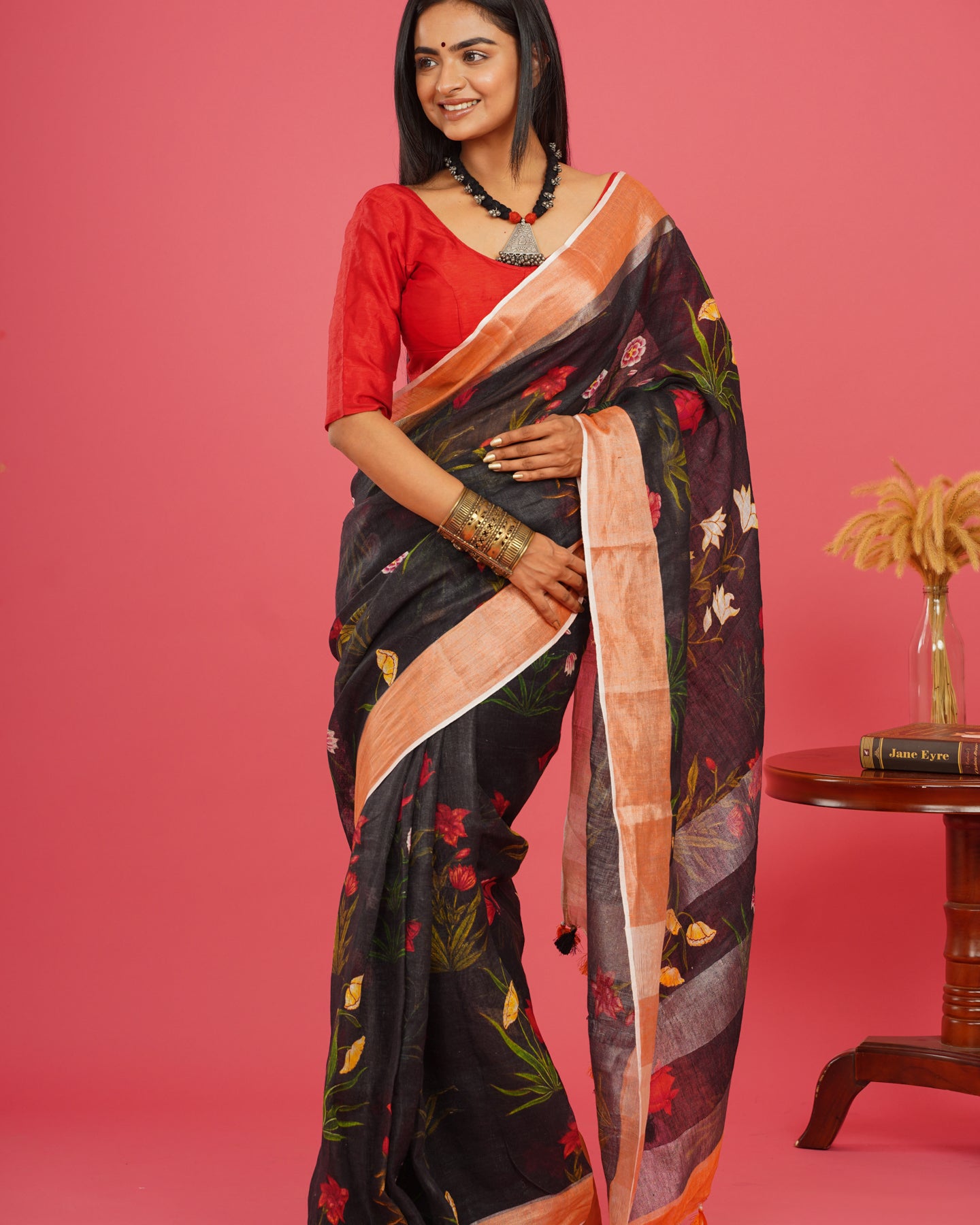 BLACK FLORAL LINEN SAREE