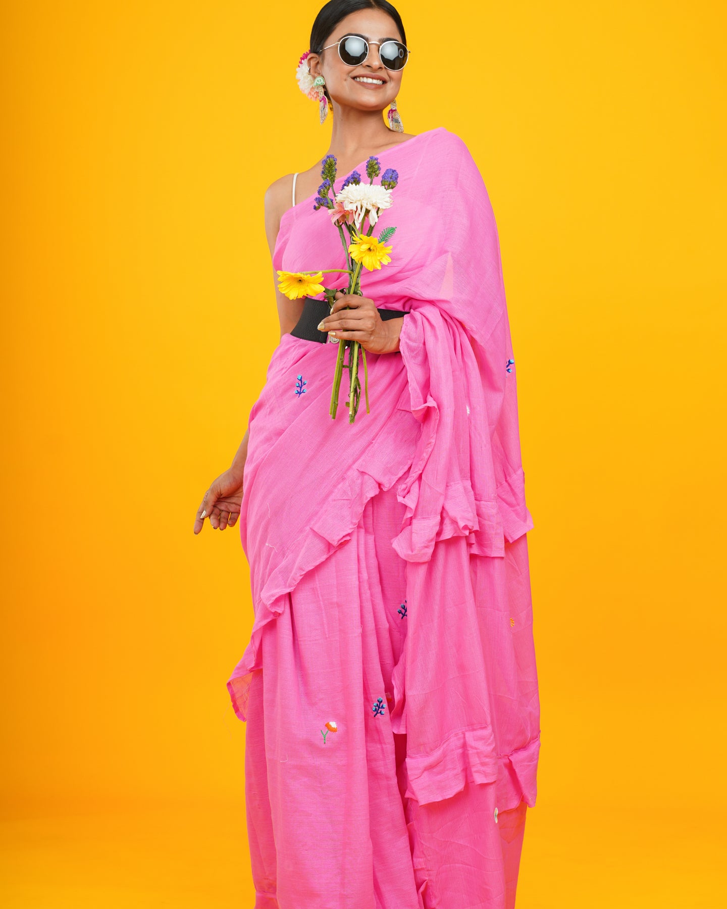 PINK BOHEMIAN SAREE WITH EARRING