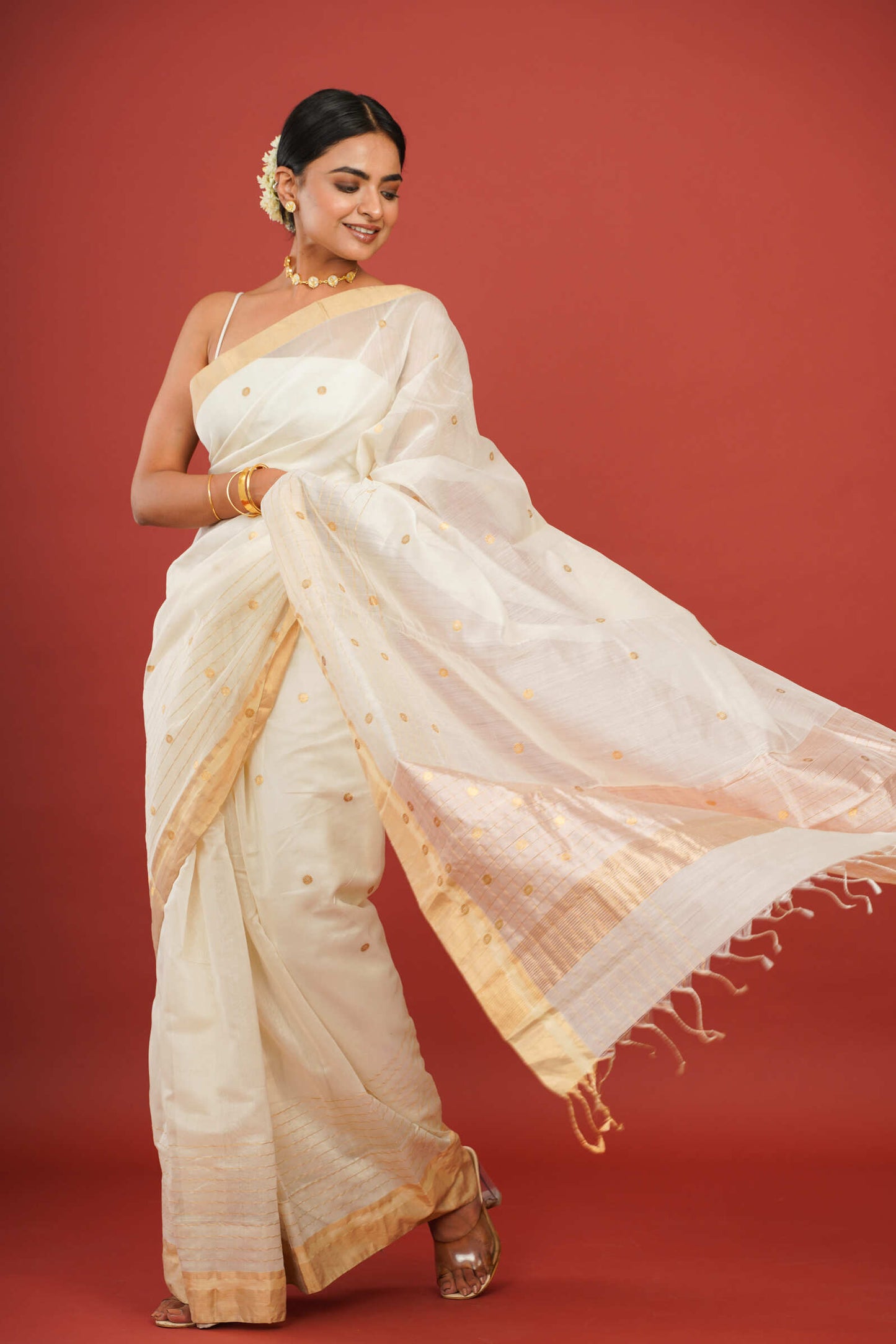 Printed Cotton Silk White Chanderi Saree with Golden Border