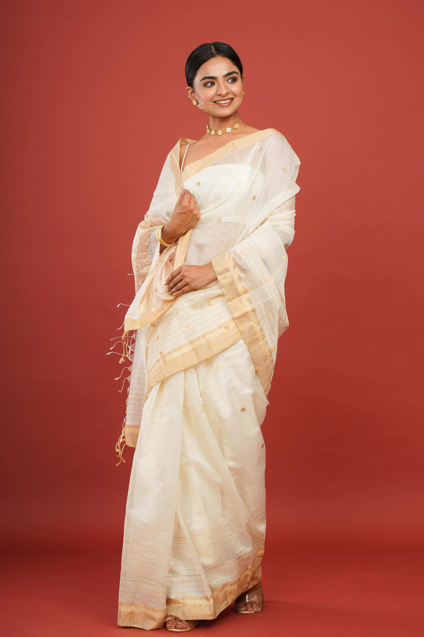 Printed Cotton Silk White Chanderi Saree with Golden Border