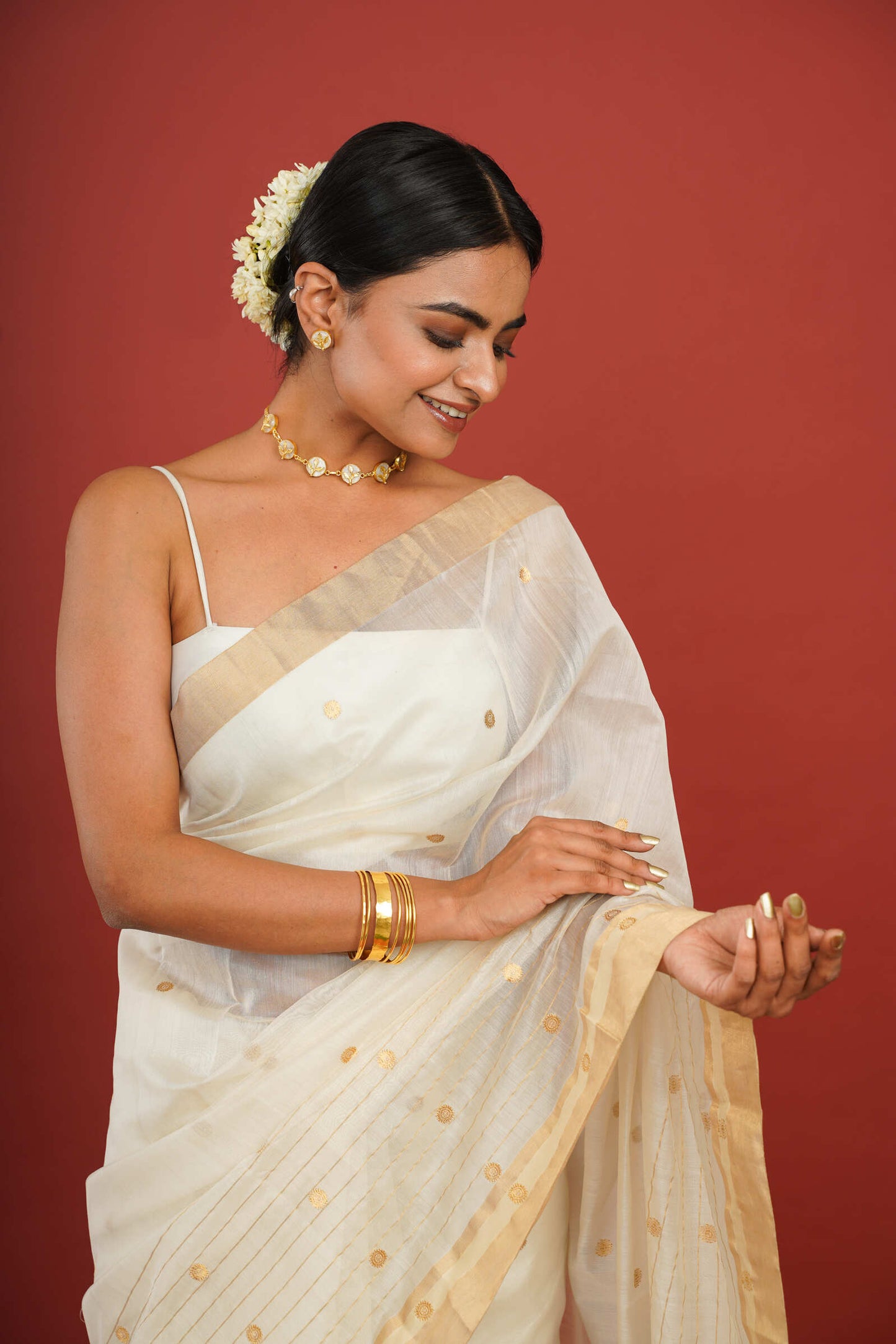 Printed Cotton Silk White Chanderi Saree with Golden Border