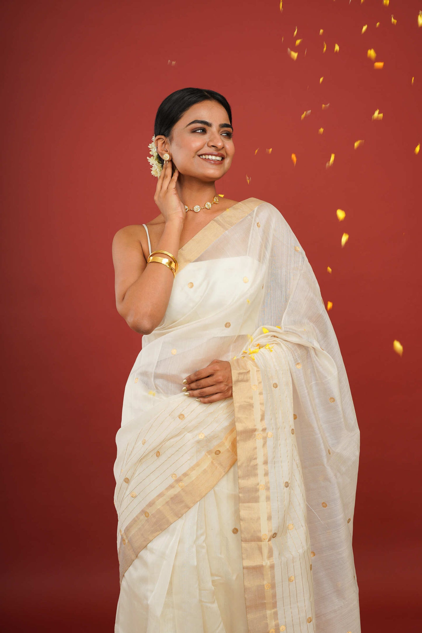 Printed Cotton Silk White Chanderi Saree with Golden Border