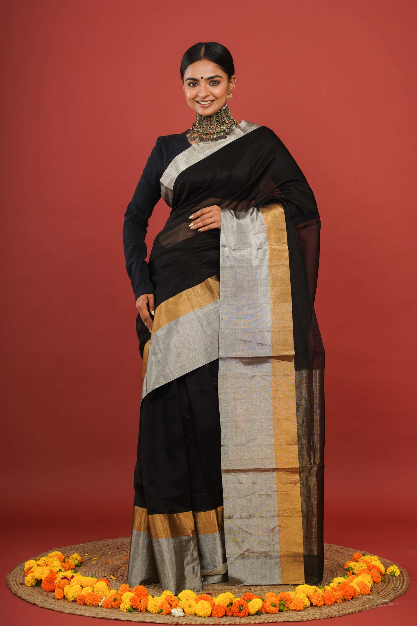 Elegant Cotton Silk Black Chanderi Saree