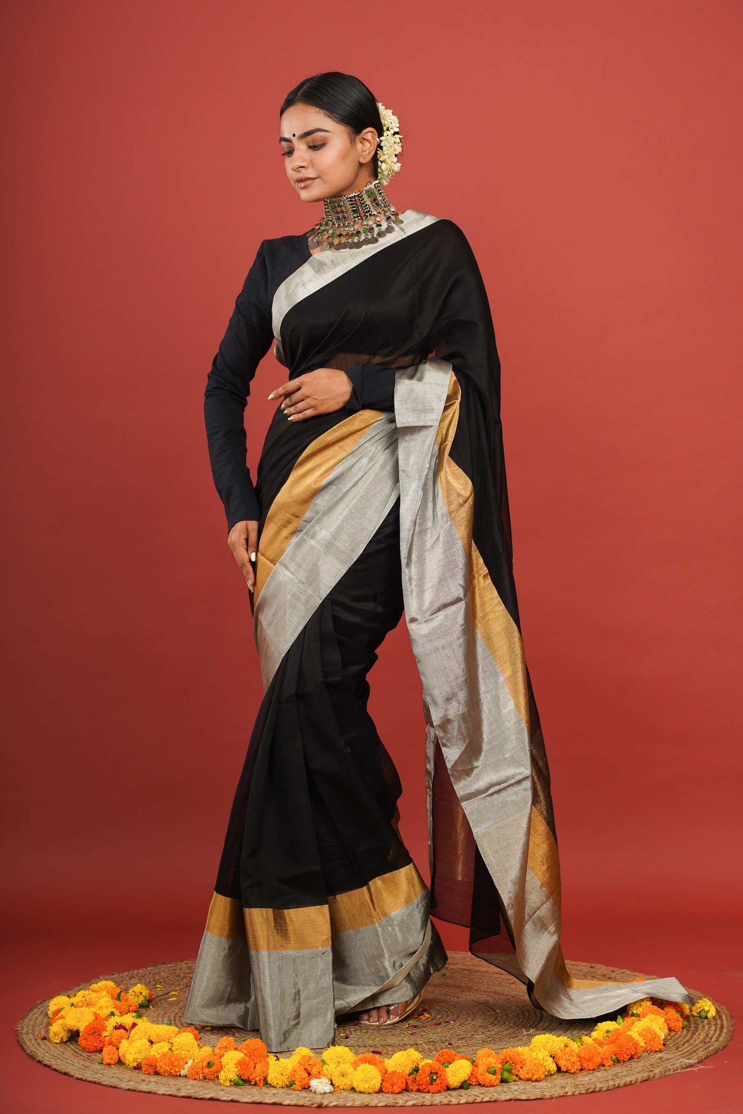 Elegant Cotton Silk Black Chanderi Saree