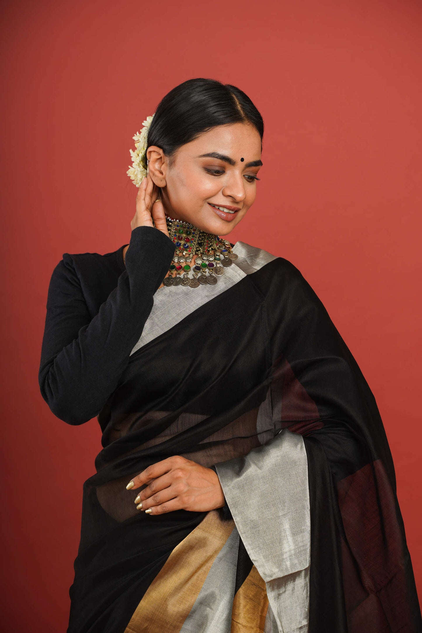 Elegant Cotton Silk Black Chanderi Saree