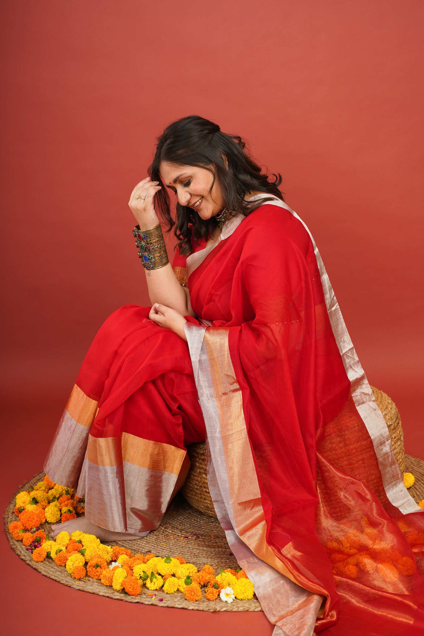 Vibrant Red Cotton Silk Chanderi Saree