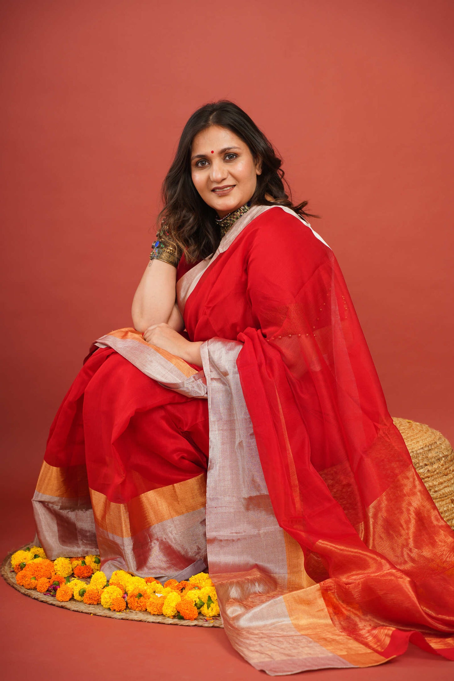 Vibrant Red Cotton Silk Chanderi Saree