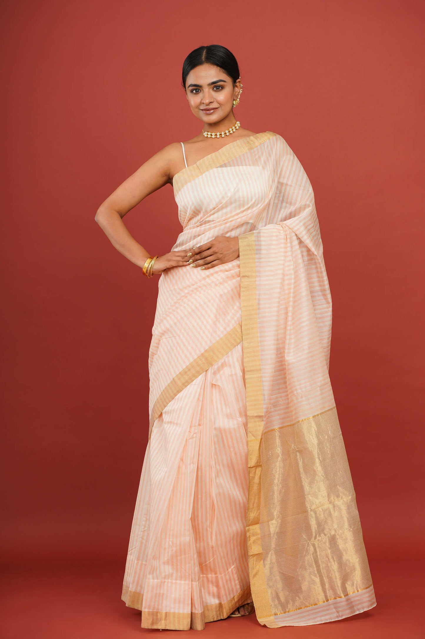 Striped Peach Cotton Silk Chanderi Saree with Golden Border