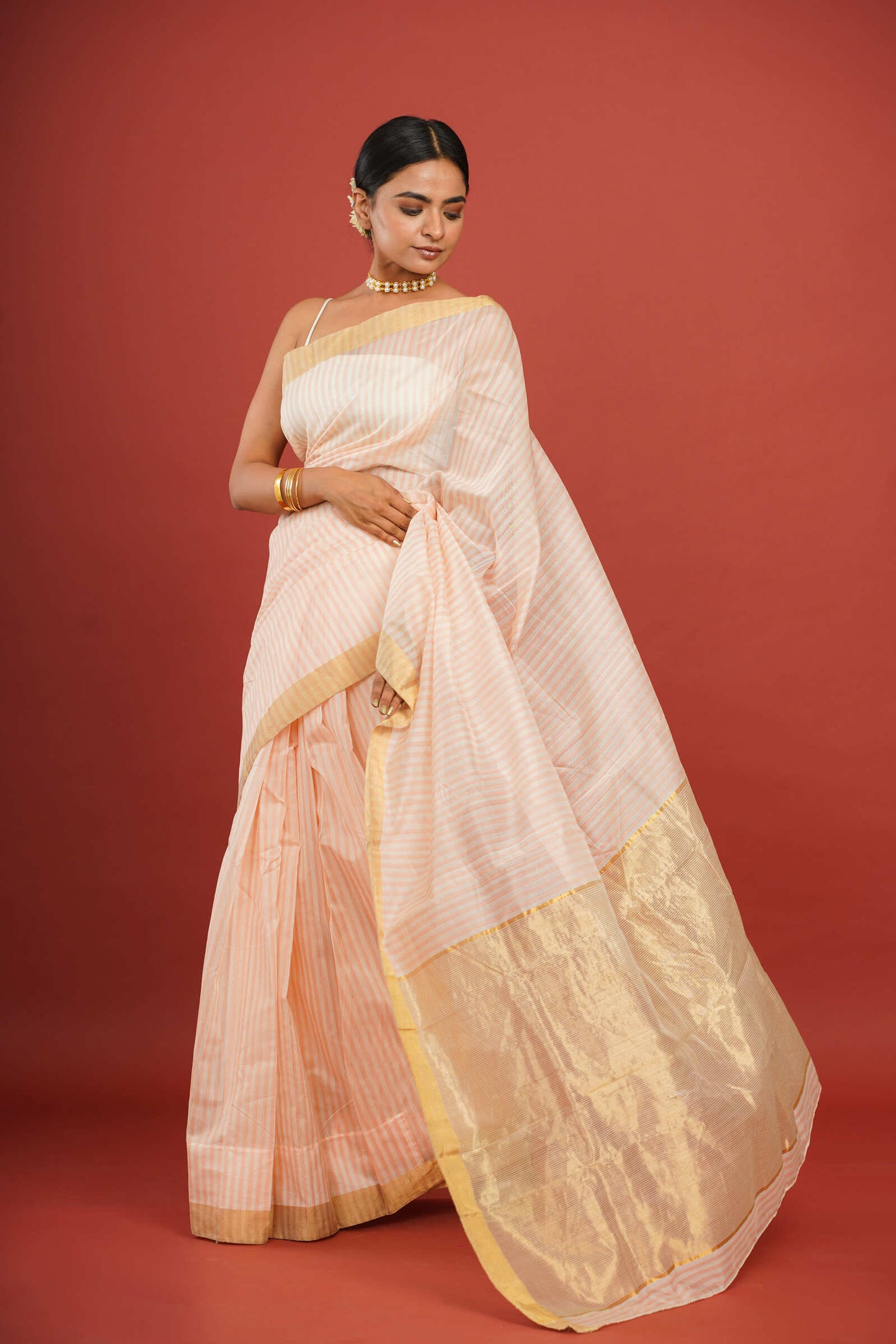 Striped Peach Cotton Silk Chanderi Saree with Golden Border