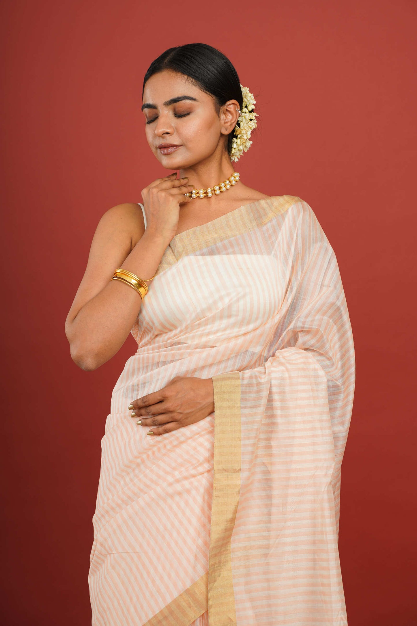 Striped Peach Cotton Silk Chanderi Saree with Golden Border