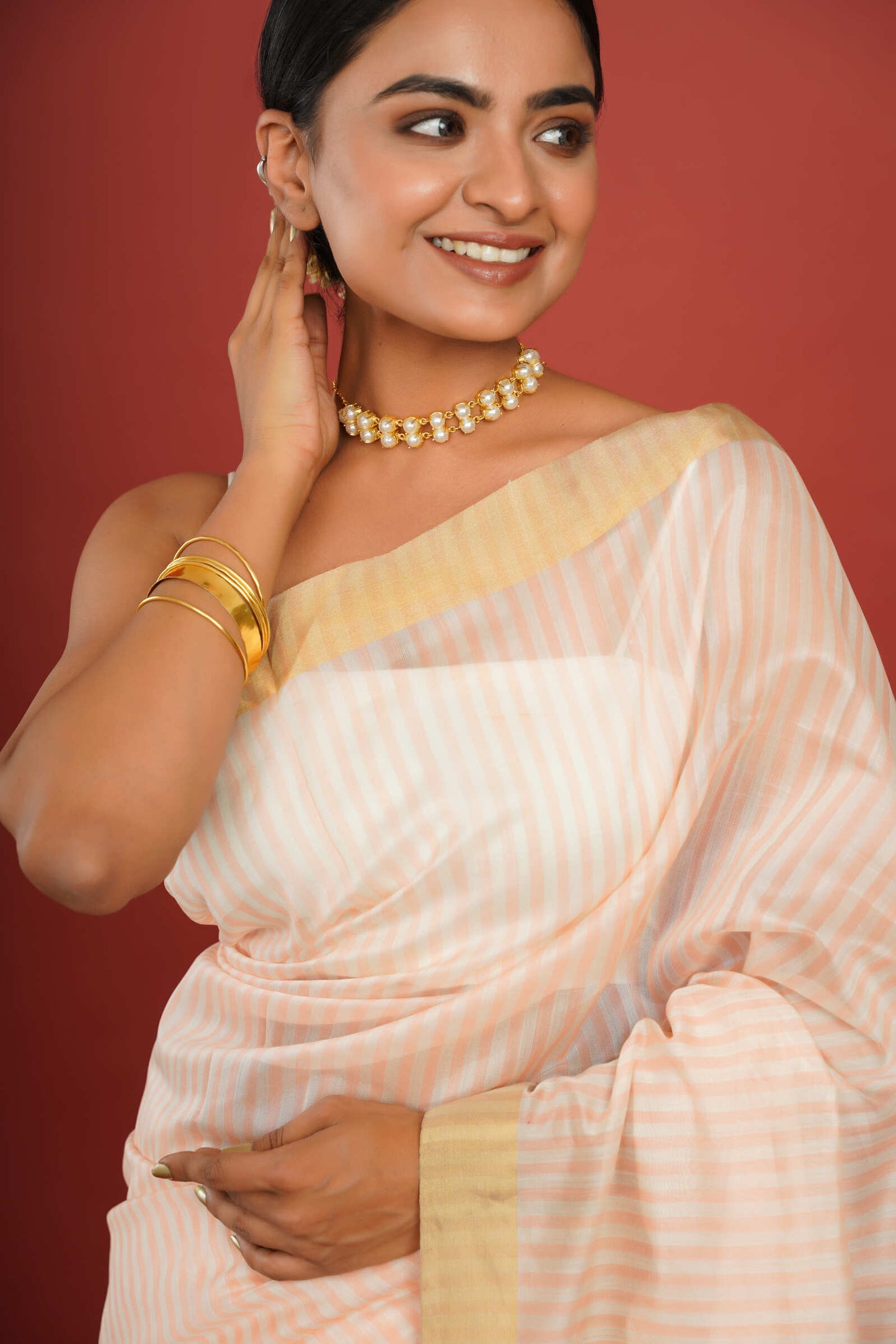 Striped Peach Cotton Silk Chanderi Saree with Golden Border