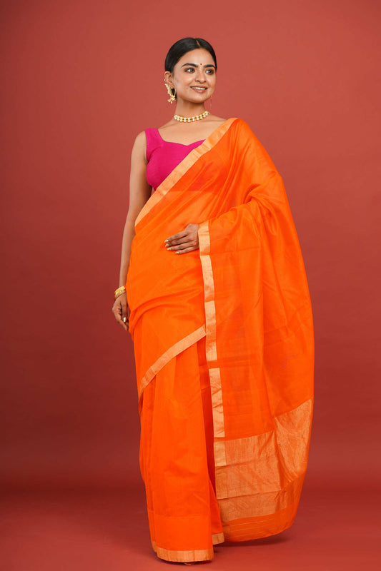 Plain Bright Orange Cotton Silk Chanderi Saree