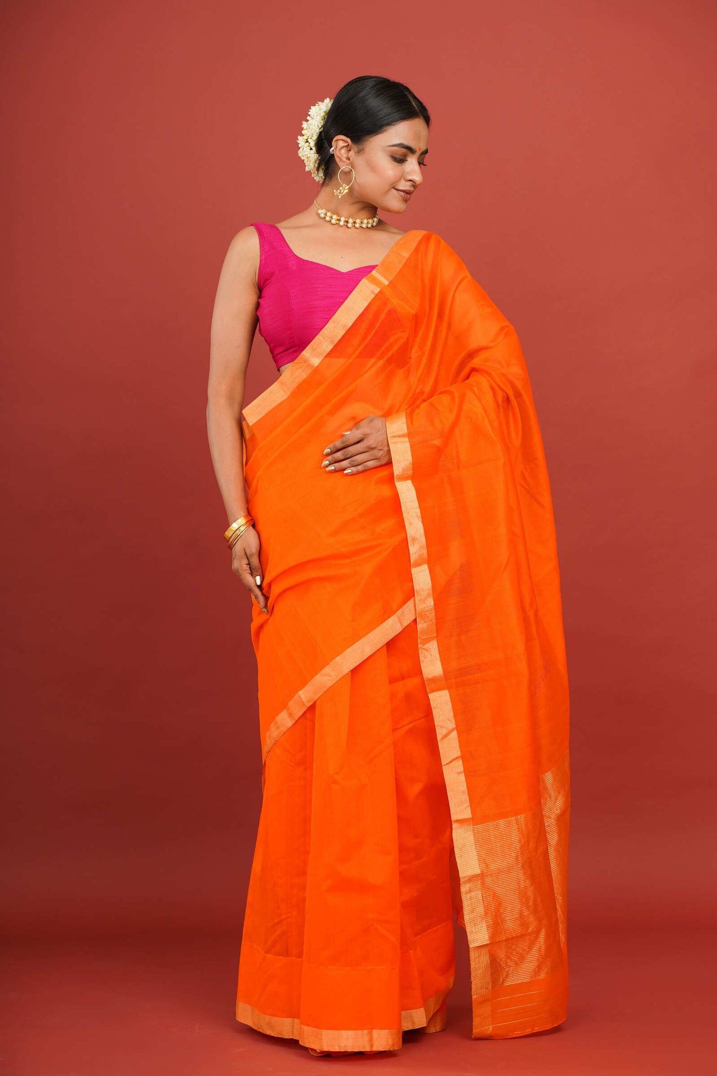Plain Bright Orange Cotton Silk Chanderi Saree