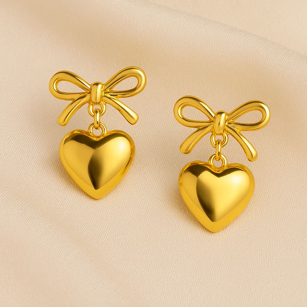 Golden Heart Bow Earrings – 22K Gold Plated