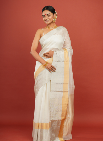 Cotton Silk White Chanderi Saree with Golden Border