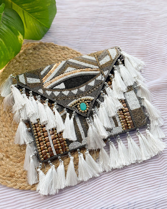 BOHO BLACK & WHITE TASSEL BAG