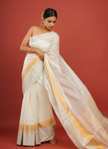Cotton Silk White Chanderi Saree with Golden Border