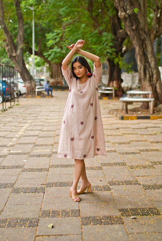 Blossoming Elegance Beige Floral Embroidered Dress