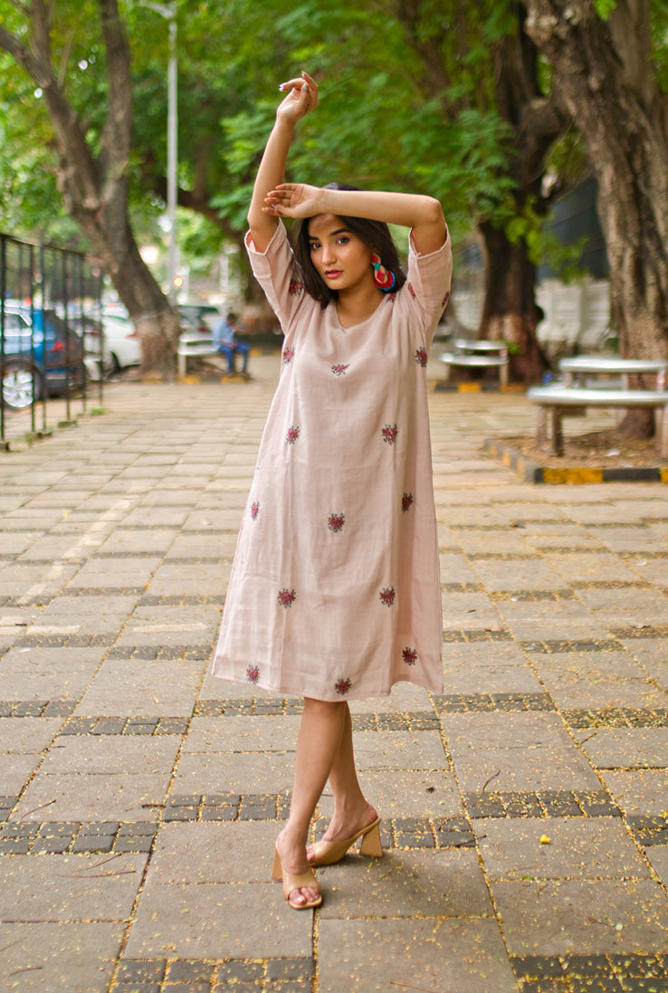 Blossoming Elegance Beige Floral Embroidered Dress