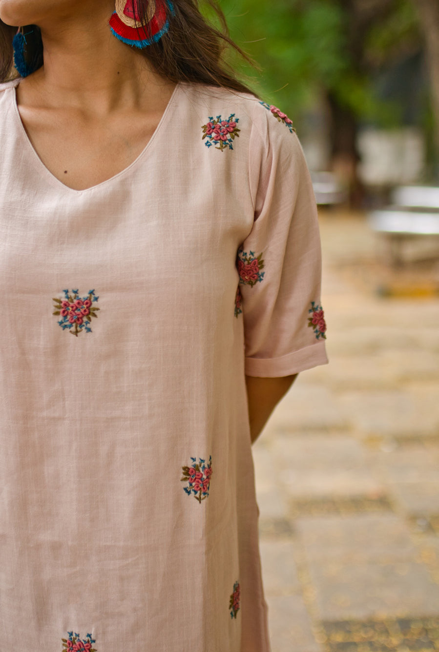 Blossoming Elegance Beige Floral Embroidered Dress