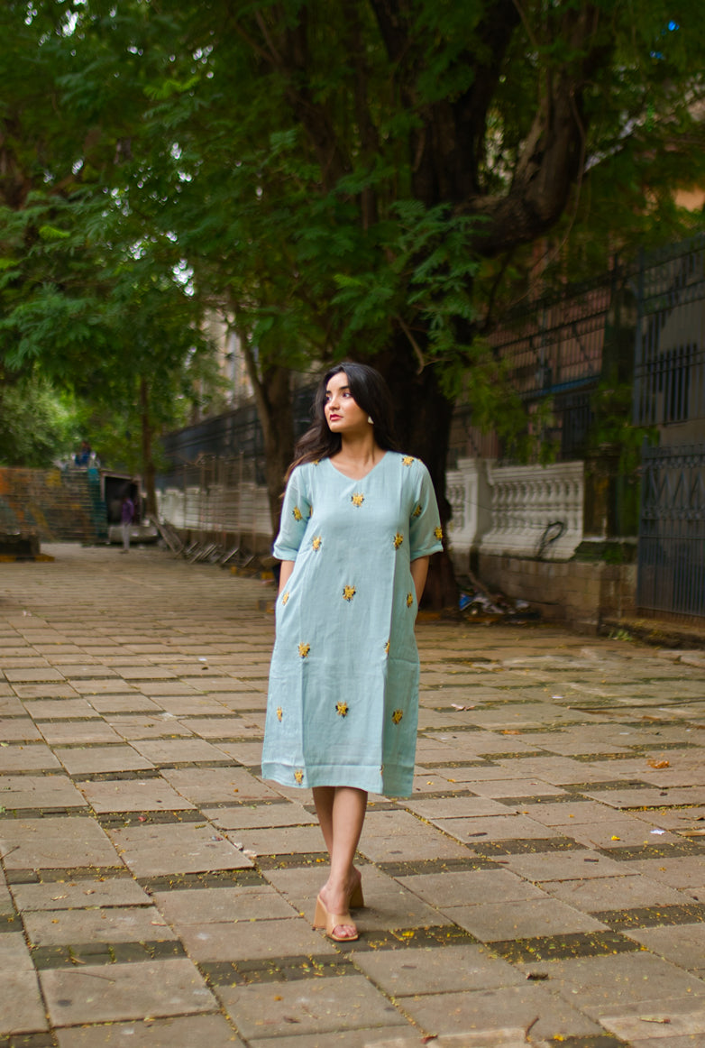 Blossoming Elegance Light Blue Embroidered Dress