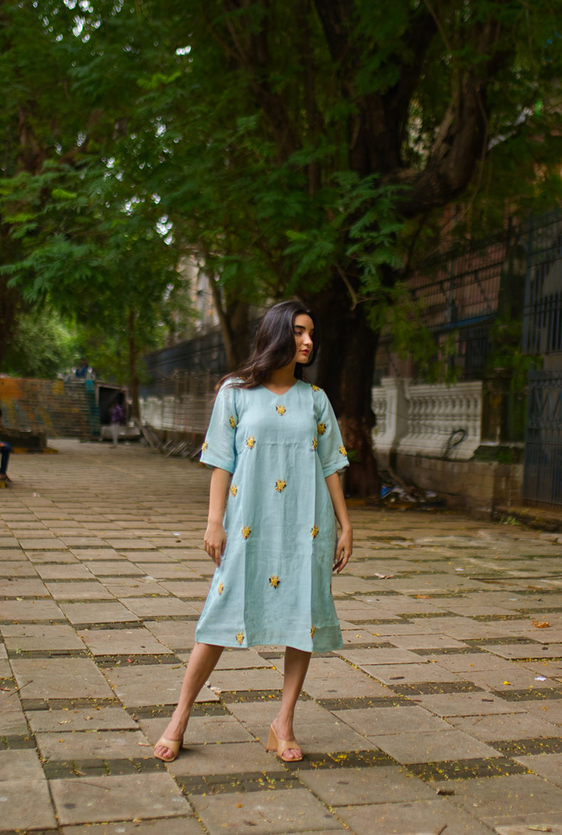 Blossoming Elegance Light Blue Embroidered Dress