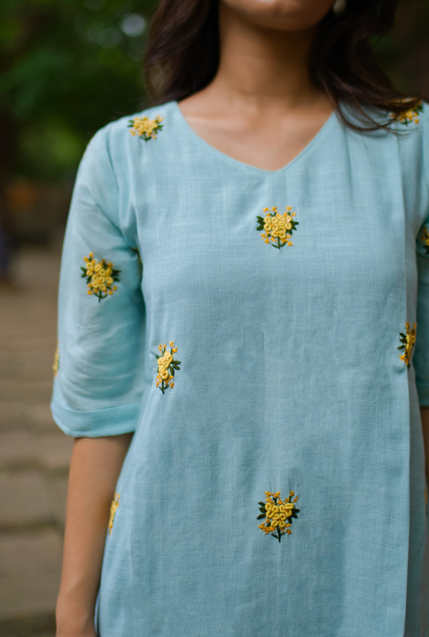 Blossoming Elegance Light Blue Embroidered Dress