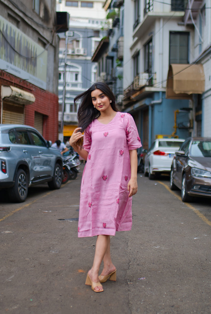 Blossoming Elegance Pink Embroidered Dress