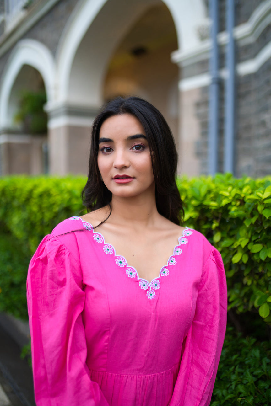 Blossoming Pink Floral Embroidered Maxi Dress