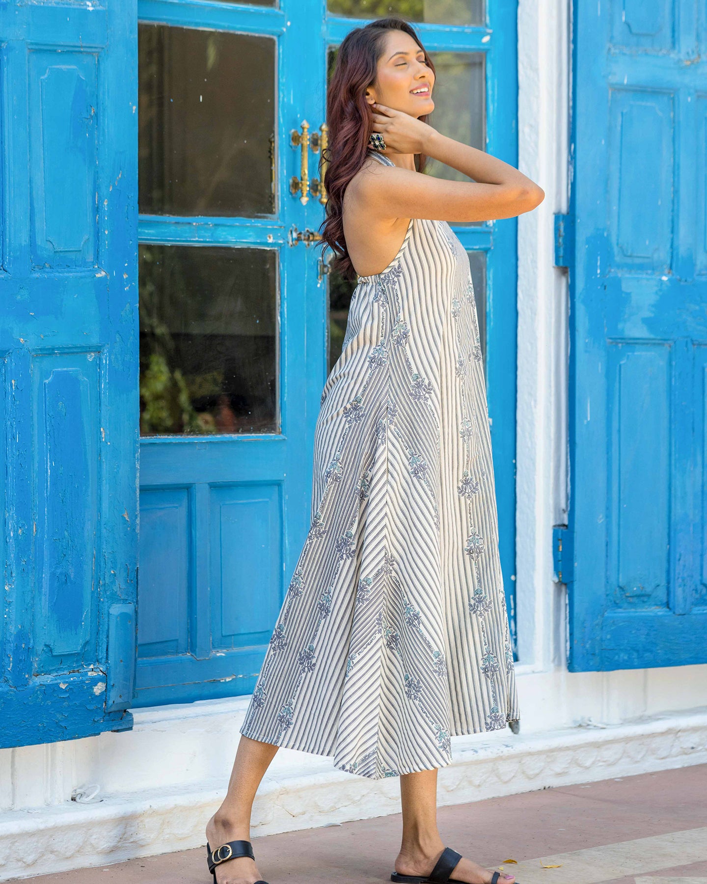 BOHEMIAN BLUE & WHITE STRIPED HALTER NECK DRESS
