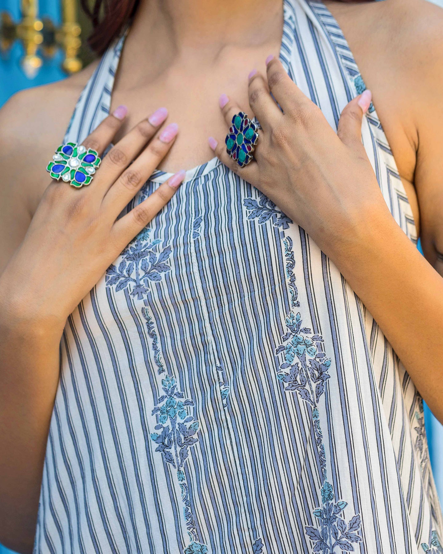 BOHEMIAN BLUE & WHITE STRIPED HALTER NECK DRESS