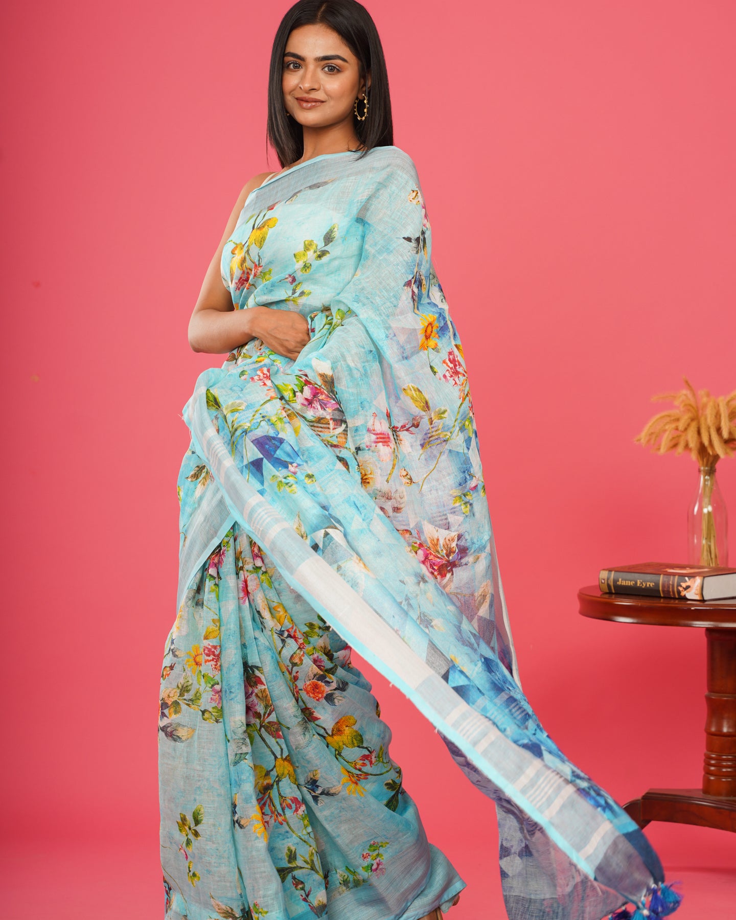 BLUE FLORAL LINEN SAREE