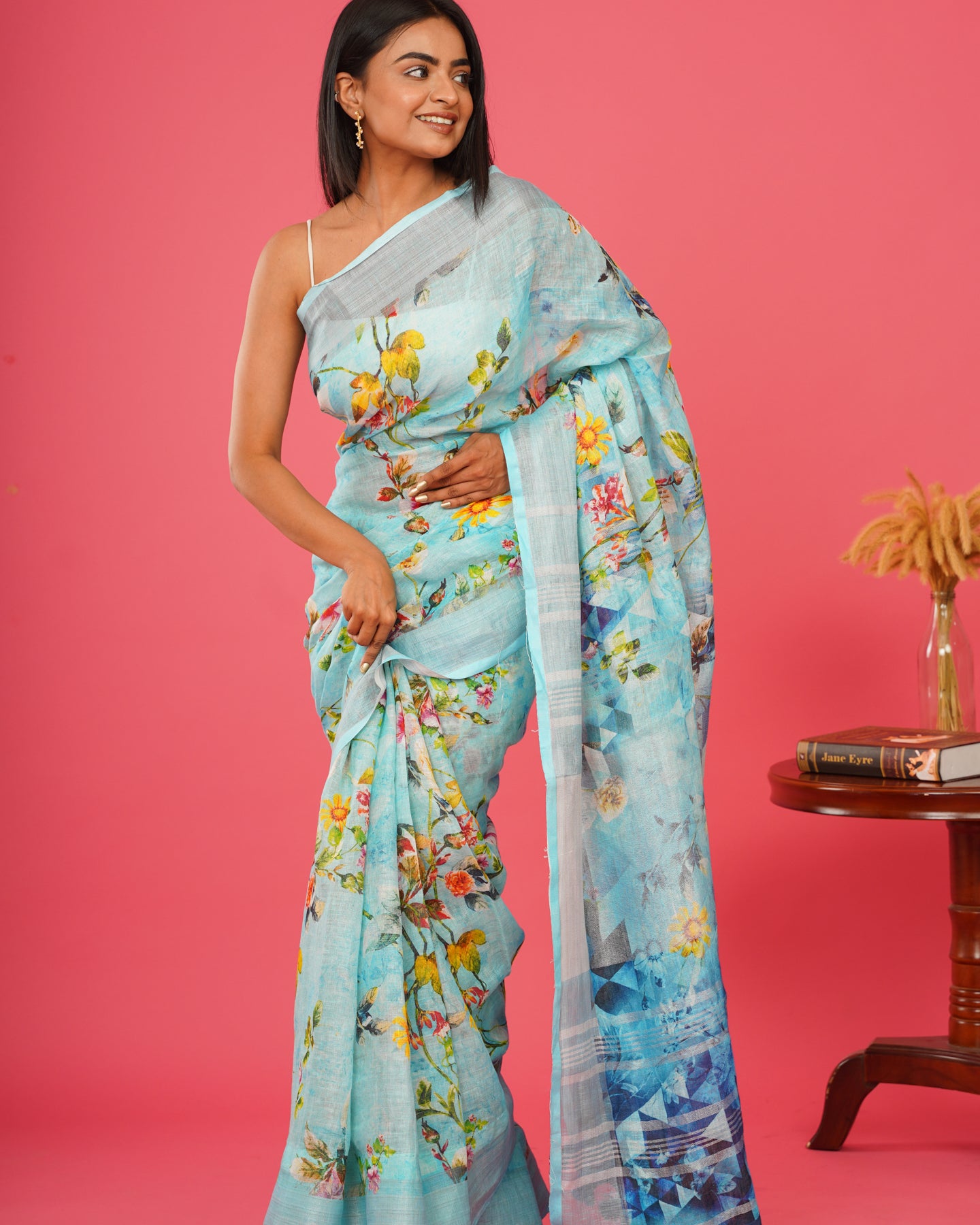 BLUE FLORAL LINEN SAREE
