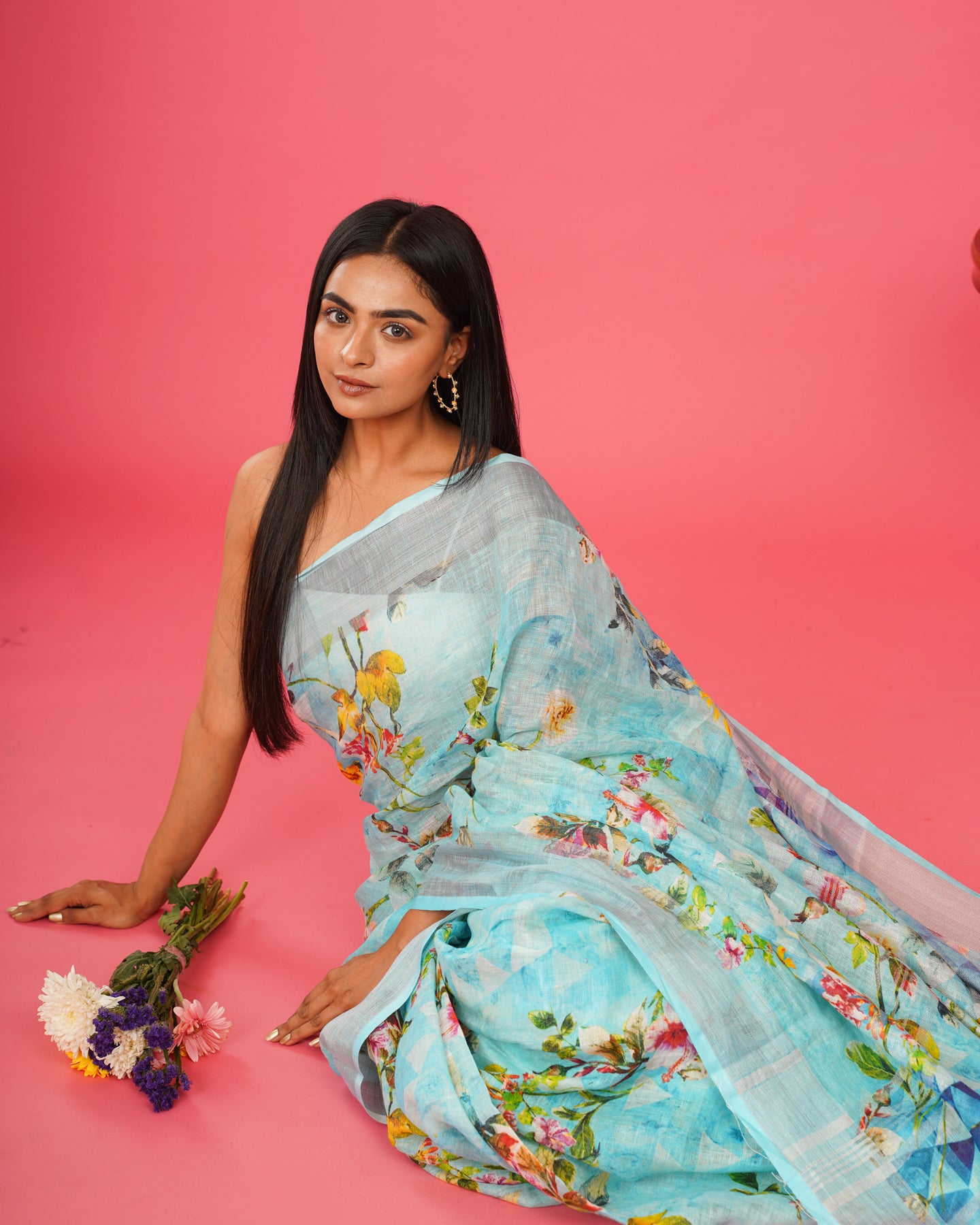 BLUE FLORAL LINEN SAREE