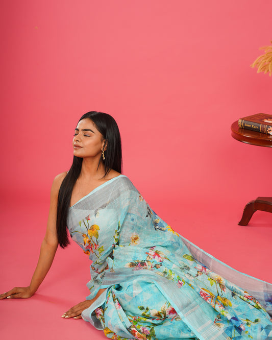BLUE FLORAL LINEN SAREE