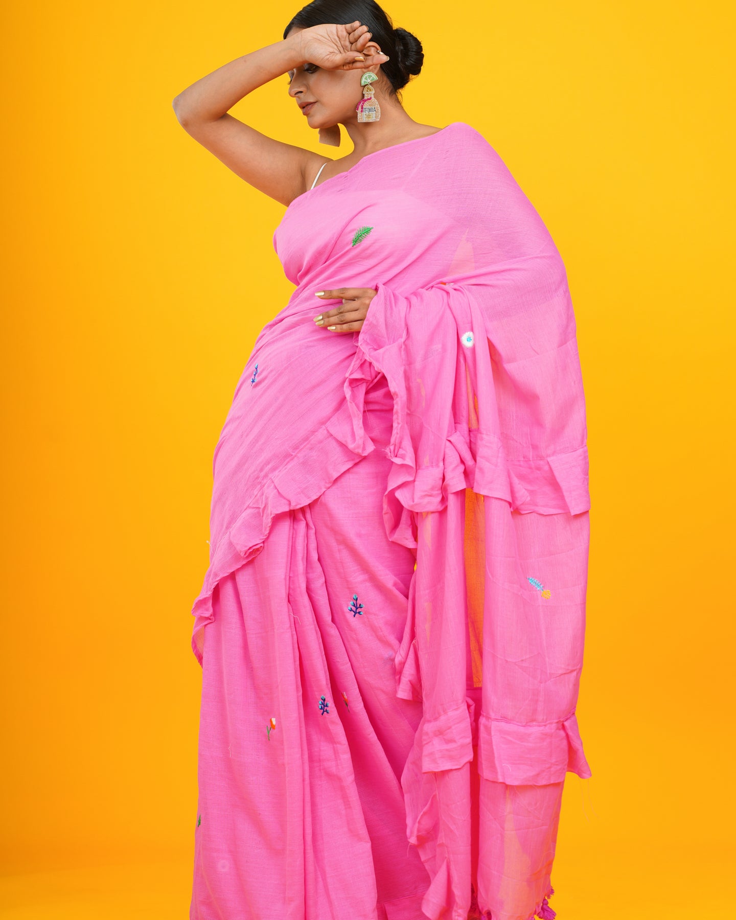 PINK BOHEMIAN SAREE WITH EARRING