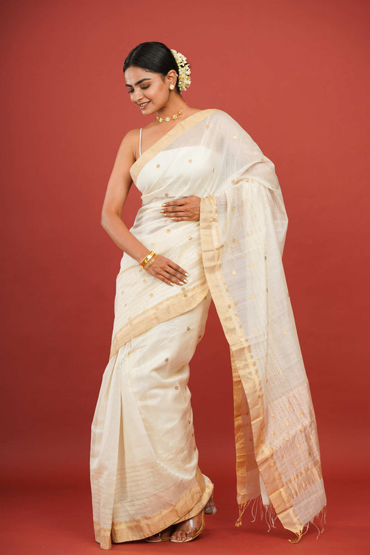 Printed Cotton Silk White Chanderi Saree with Golden Border