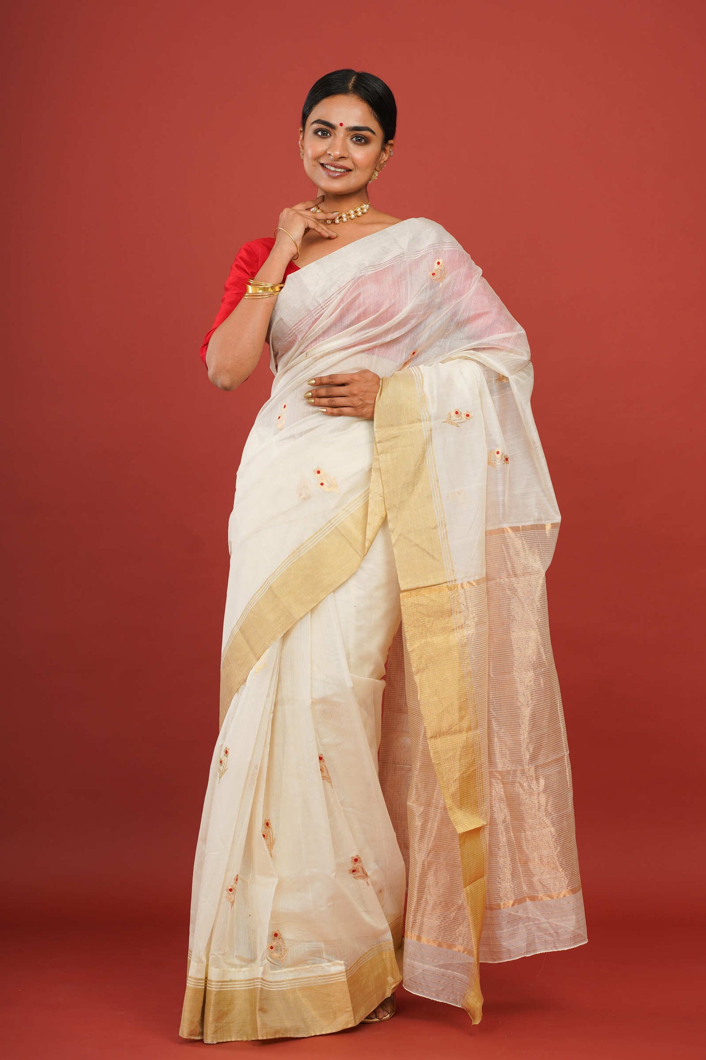 Printed Silk White Chanderi Saree with Golden Border